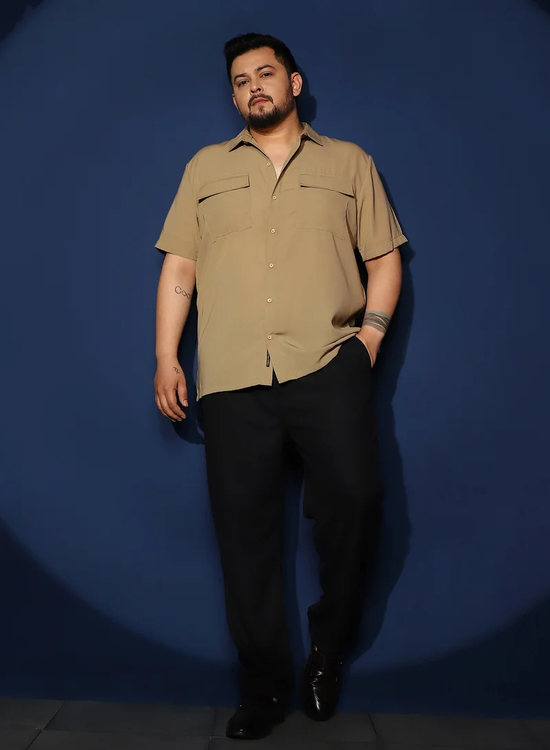Instafab Plus Instafab Plus Men's Khaki Beige Relaxed Utility Shirt For Casual Wear | Spread Collar | Short Regular Sleeves | Button Closure | Plus Size Shirt Crafted With Comfort Fit For Everyday Wear