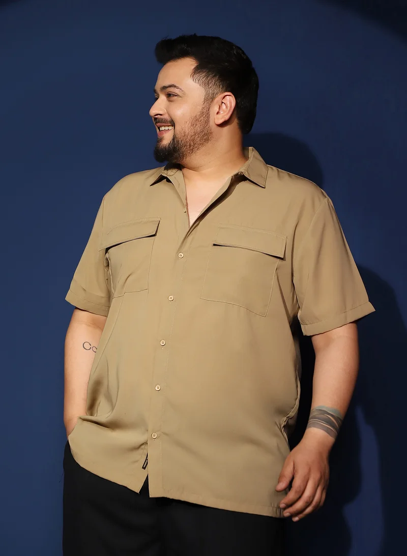 Instafab Plus Instafab Plus Men's Khaki Beige Relaxed Utility Shirt For Casual Wear | Spread Collar | Short Regular Sleeves | Button Closure | Plus Size Shirt Crafted With Comfort Fit For Everyday Wear
