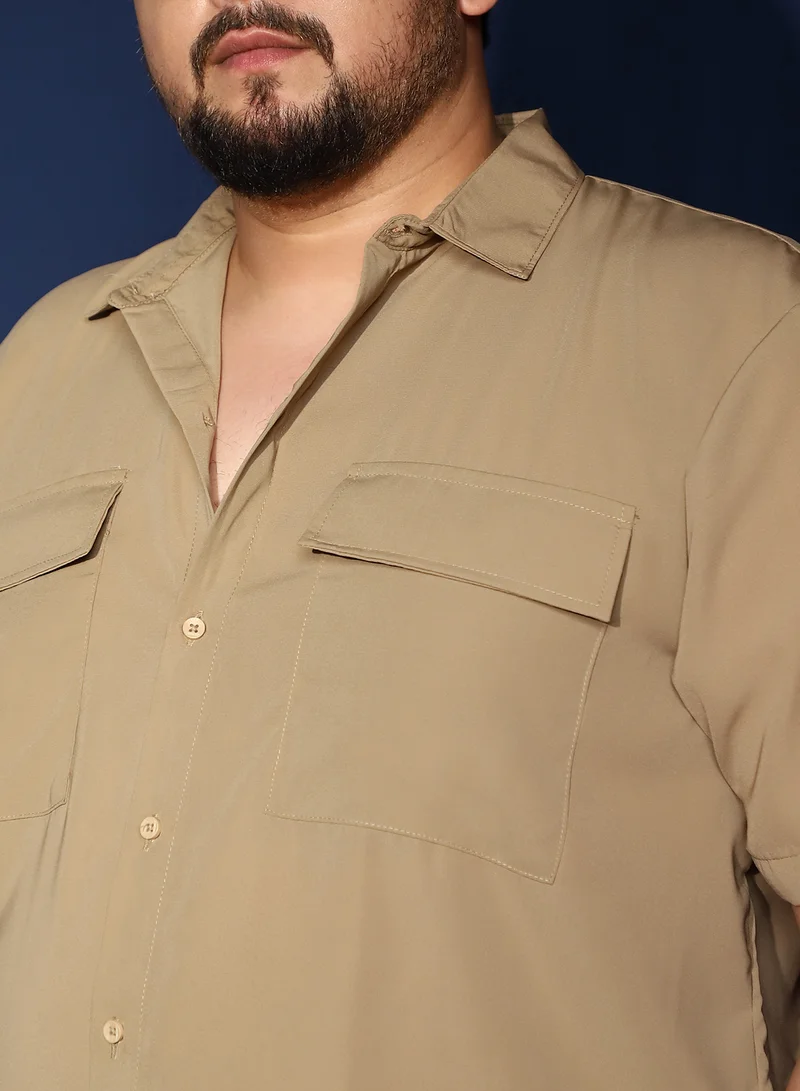 Instafab Plus Instafab Plus Men's Khaki Beige Relaxed Utility Shirt For Casual Wear | Spread Collar | Short Regular Sleeves | Button Closure | Plus Size Shirt Crafted With Comfort Fit For Everyday Wear