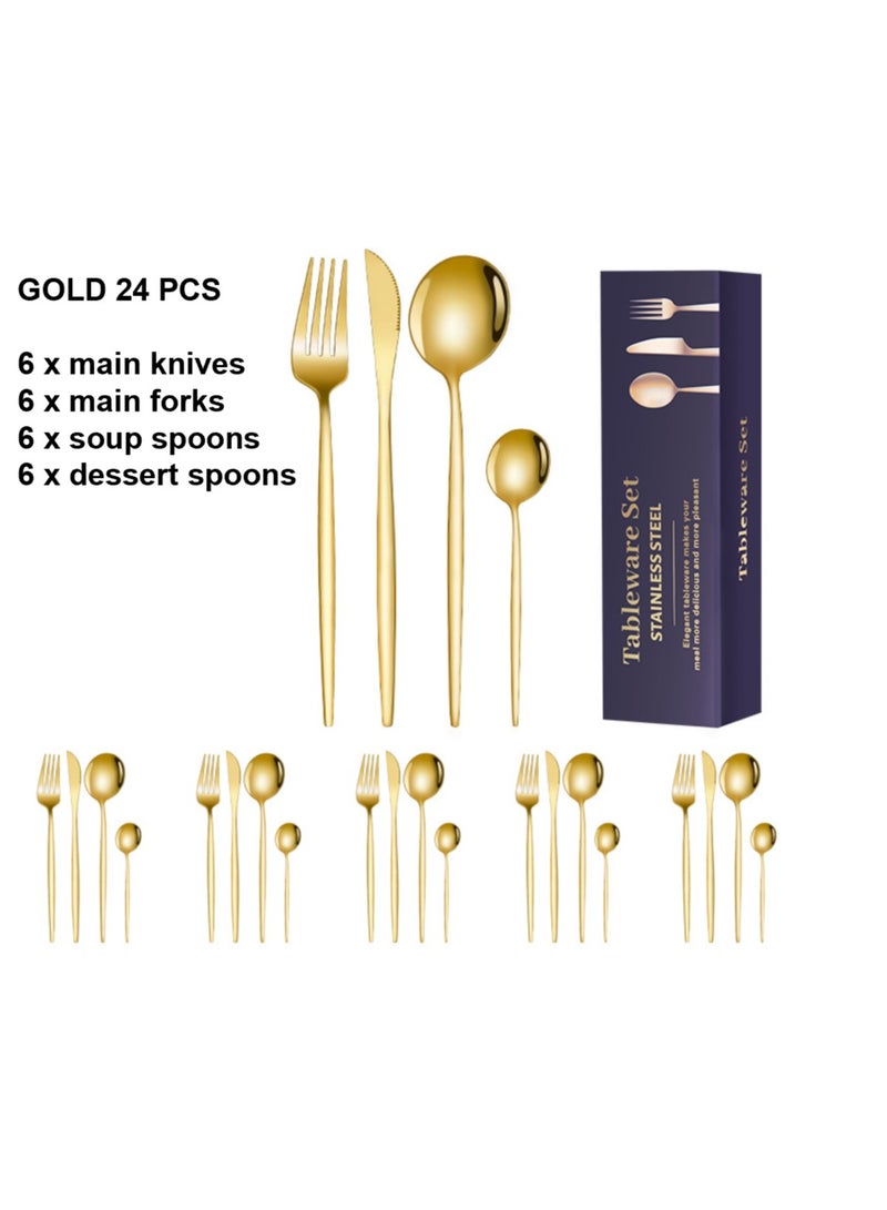 Premium 24-Piece Stainless Steel Cutlery Set in Multiple Colours Variations (Silver, Rose Gold, Gold, Pink/Gold, White/Gold Handles) with 6 X Main Knives/Main Forks/Soup Spoons/Dessert Spoons! Perfect for Gifting/Self-use! 