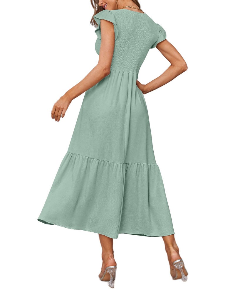 OFEEFAN Long Summer Dress Smocked Dress Women Maternity Dress for Baby Shower Sage XL - Image 4