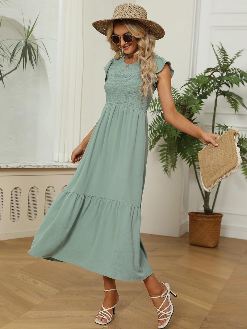 OFEEFAN Long Summer Dress Smocked Dress Women Maternity Dress for Baby Shower Sage XL - Image 2