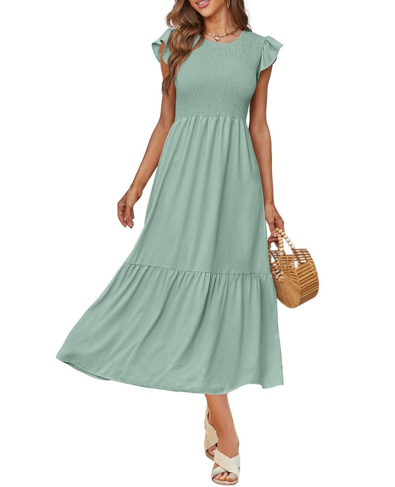 OFEEFAN Long Summer Dress Smocked Dress Women Maternity Dress for Baby Shower Sage XL - Image 3