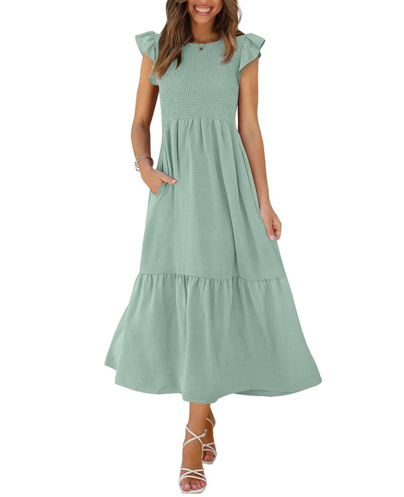 OFEEFAN Long Summer Dress Smocked Dress Women Maternity Dress for Baby Shower Sage XL - Image 1