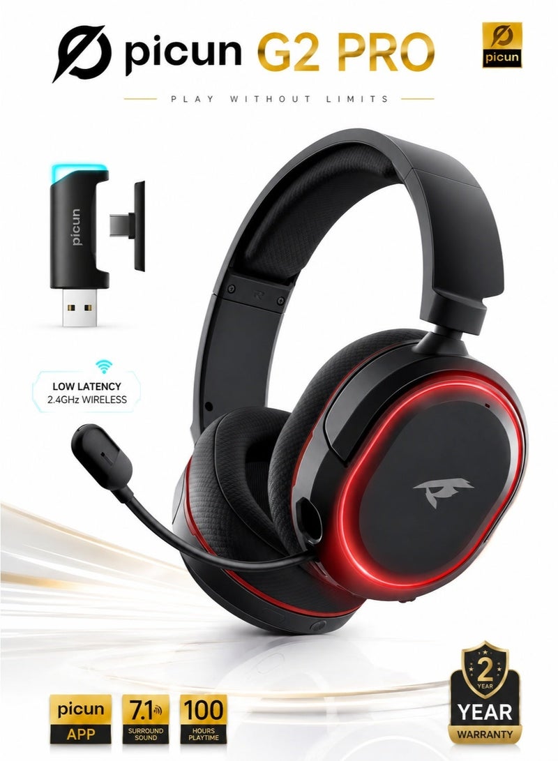PICUN G2  PRO New Edition RGB Wireless Gaming Headset, 7.1 Surround Sound, 2.4GHz USB Gaming Headphones with Bluetooth ENC Noise Canceling Mic,Wireless Headset for PC PS5 PS4 Mac Switch BLACK - Image 1