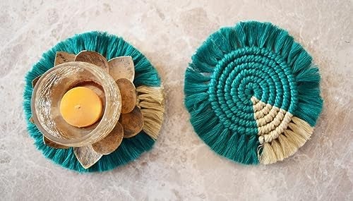 My Creative Hut Macrame Set of 4 Round Coasters Bohemian Style Handmade More Absorbent Traditional Diwali Gifting Multipurpose Big Size Teal Beige - Image 5