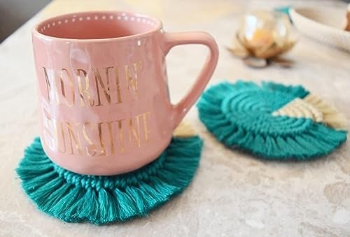 My Creative Hut Macrame Set of 4 Round Coasters Bohemian Style Handmade More Absorbent Traditional Diwali Gifting Multipurpose Big Size Teal Beige - Image 4