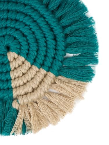 My Creative Hut Macrame Set of 4 Round Coasters Bohemian Style Handmade More Absorbent Traditional Diwali Gifting Multipurpose Big Size Teal Beige - Image 3