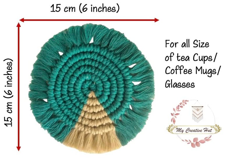 My Creative Hut Macrame Set of 4 Round Coasters Bohemian Style Handmade More Absorbent Traditional Diwali Gifting Multipurpose Big Size Teal Beige - Image 2