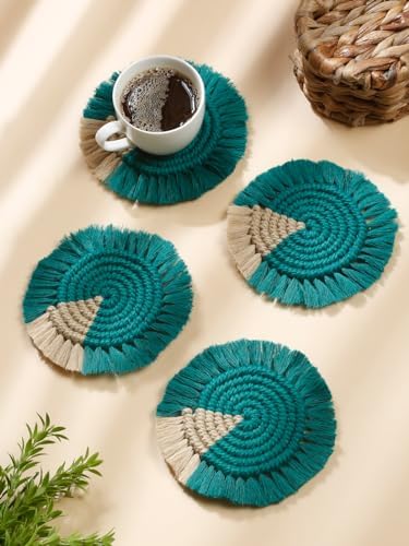 My Creative Hut Macrame Set of 4 Round Coasters Bohemian Style Handmade More Absorbent Traditional Diwali Gifting Multipurpose Big Size Teal Beige - Image 1
