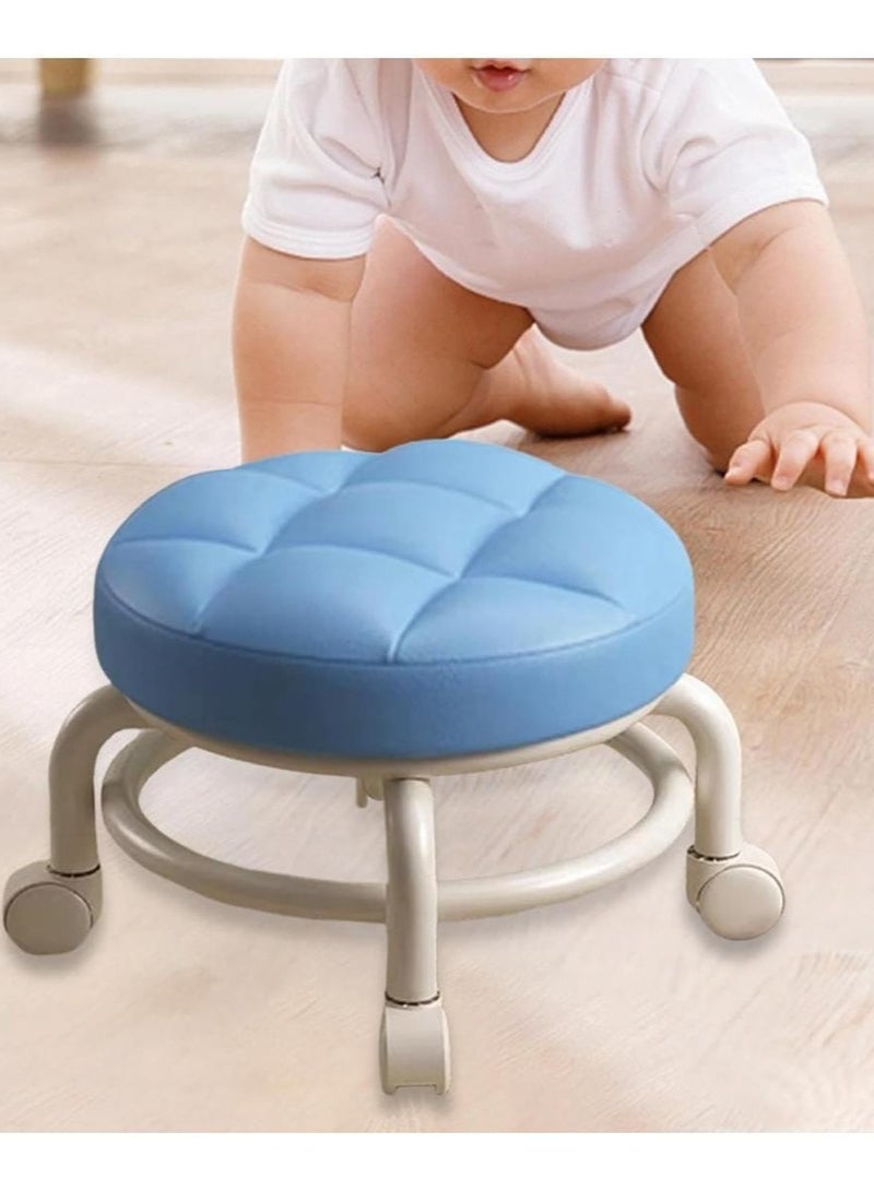 Household Rolling Stool Round Pulley Low Stool Household Pu Leather Rolling Stool 360° Universal Wheel Movable Soft Stool Small Changing Shoe Stool - Image 1