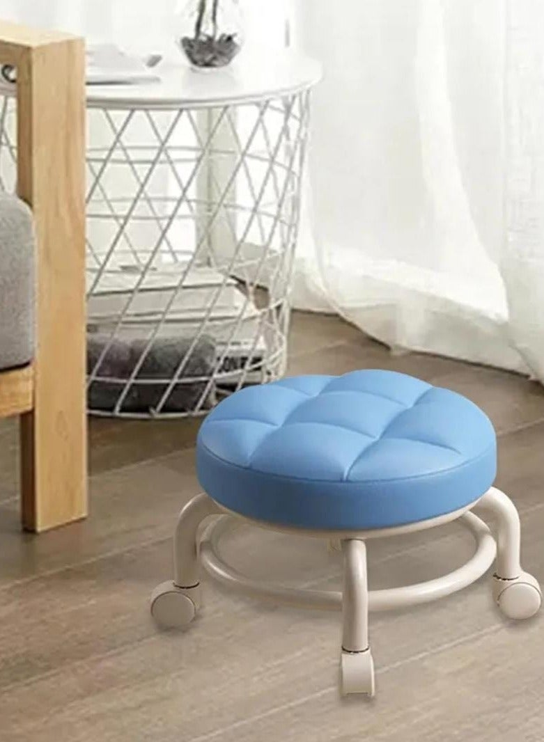 Household Rolling Stool Round Pulley Low Stool Household Pu Leather Rolling Stool 360° Universal Wheel Movable Soft Stool Small Changing Shoe Stool - Image 2
