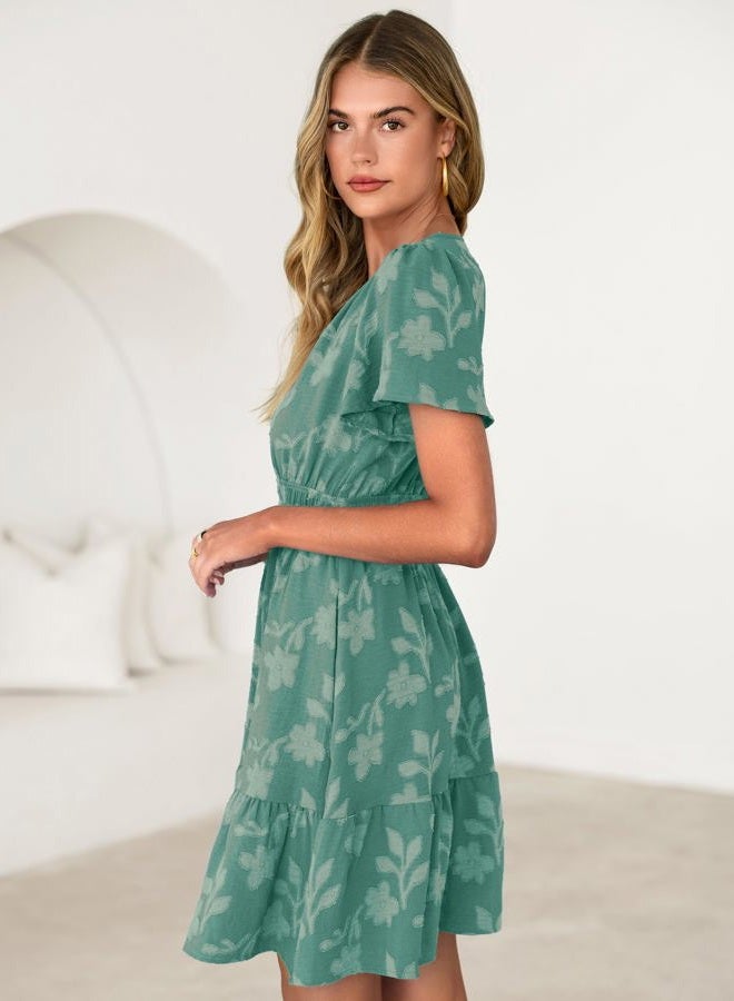 SIMPLEE Womens Summer Floral Dress Casual Short Sleeve V Neck Empire Waist Boho Flowy A Line Mini Wedding Guest Dresses, Teal, L - Image 4