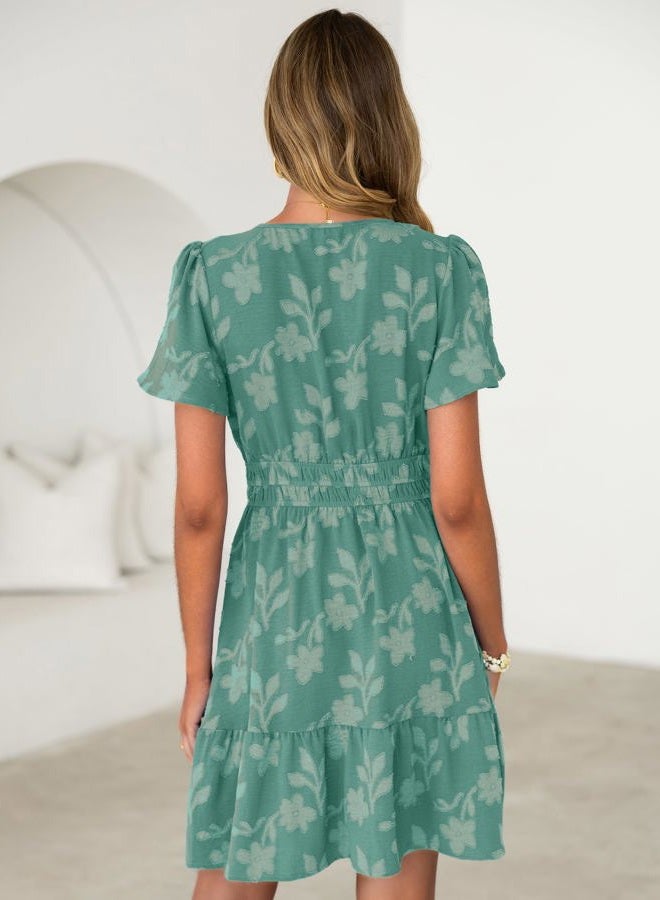 SIMPLEE Womens Summer Floral Dress Casual Short Sleeve V Neck Empire Waist Boho Flowy A Line Mini Wedding Guest Dresses, Teal, L - Image 5