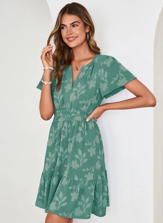 SIMPLEE Womens Summer Floral Dress Casual Short Sleeve V Neck Empire Waist Boho Flowy A Line Mini Wedding Guest Dresses, Teal, L - Image 3