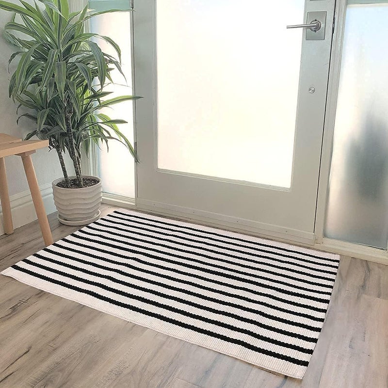 LEEVAN Black and White Striped Rug Doormat 2x3 Washable Front Porch Rug Farmhouse Layered Door Mats Outdoor Cotton Hand Woven Throw Carpet for Entryway/Front Steps/Bathroom/Home Entrance - Image 2