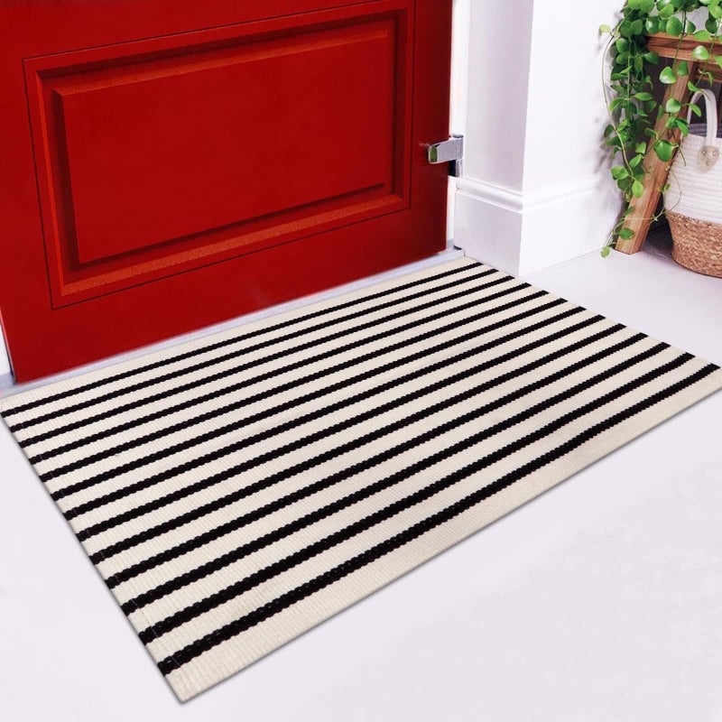 LEEVAN Black and White Striped Rug Doormat 2x3 Washable Front Porch Rug Farmhouse Layered Door Mats Outdoor Cotton Hand Woven Throw Carpet for Entryway/Front Steps/Bathroom/Home Entrance - Image 3
