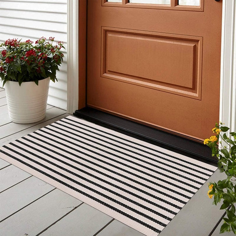 LEEVAN Black and White Striped Rug Doormat 2x3 Washable Front Porch Rug Farmhouse Layered Door Mats Outdoor Cotton Hand Woven Throw Carpet for Entryway/Front Steps/Bathroom/Home Entrance - Image 1