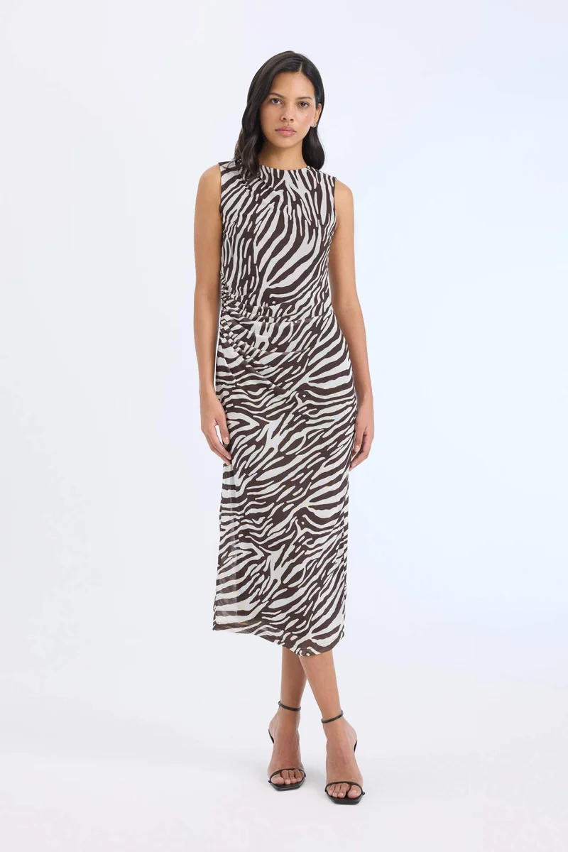 ديفاكتو Bodycon Half Turtleneck Printed Tulle Sleeveless Midi Dress