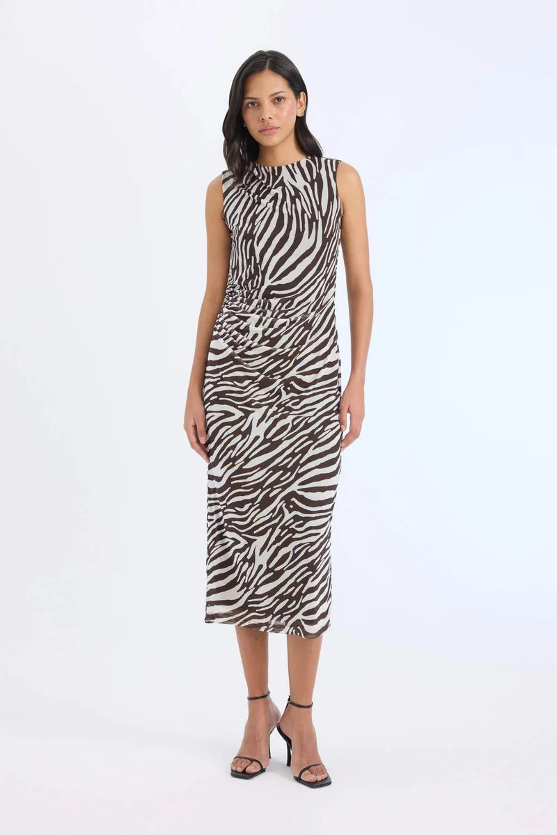 ديفاكتو Bodycon Half Turtleneck Printed Tulle Sleeveless Midi Dress