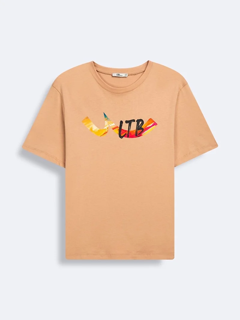 Short Sleeve Crew Neck Sign Printed Beige T-Shirt