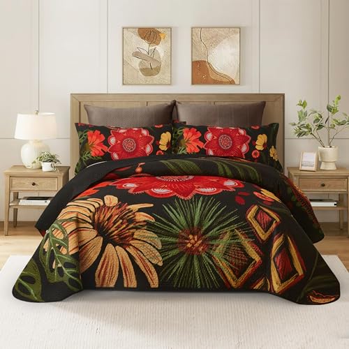 Tyrot 3 Piece Black Red Boho Floral King Size Quilt Sets Farmhouse Christmas Reversible Lightweight Bedspread Coverlet with 2 Shams Mid Century Microfiber Bedding Quilts Set for All Season, 106''x96'' - Image 1