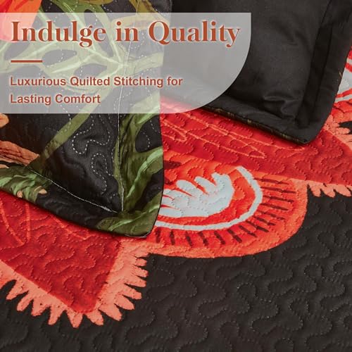 Tyrot 3 Piece Black Red Boho Floral King Size Quilt Sets Farmhouse Christmas Reversible Lightweight Bedspread Coverlet with 2 Shams Mid Century Microfiber Bedding Quilts Set for All Season, 106''x96'' - Image 4