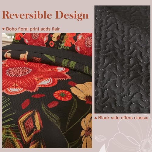 Tyrot 3 Piece Black Red Boho Floral King Size Quilt Sets Farmhouse Christmas Reversible Lightweight Bedspread Coverlet with 2 Shams Mid Century Microfiber Bedding Quilts Set for All Season, 106''x96'' - Image 3
