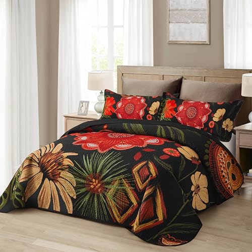 Tyrot 3 Piece Black Red Boho Floral King Size Quilt Sets Farmhouse Christmas Reversible Lightweight Bedspread Coverlet with 2 Shams Mid Century Microfiber Bedding Quilts Set for All Season, 106''x96'' - Image 2