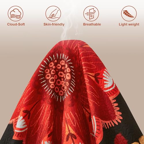 Tyrot 3 Piece Black Red Boho Floral King Size Quilt Sets Farmhouse Christmas Reversible Lightweight Bedspread Coverlet with 2 Shams Mid Century Microfiber Bedding Quilts Set for All Season, 106''x96'' - Image 5