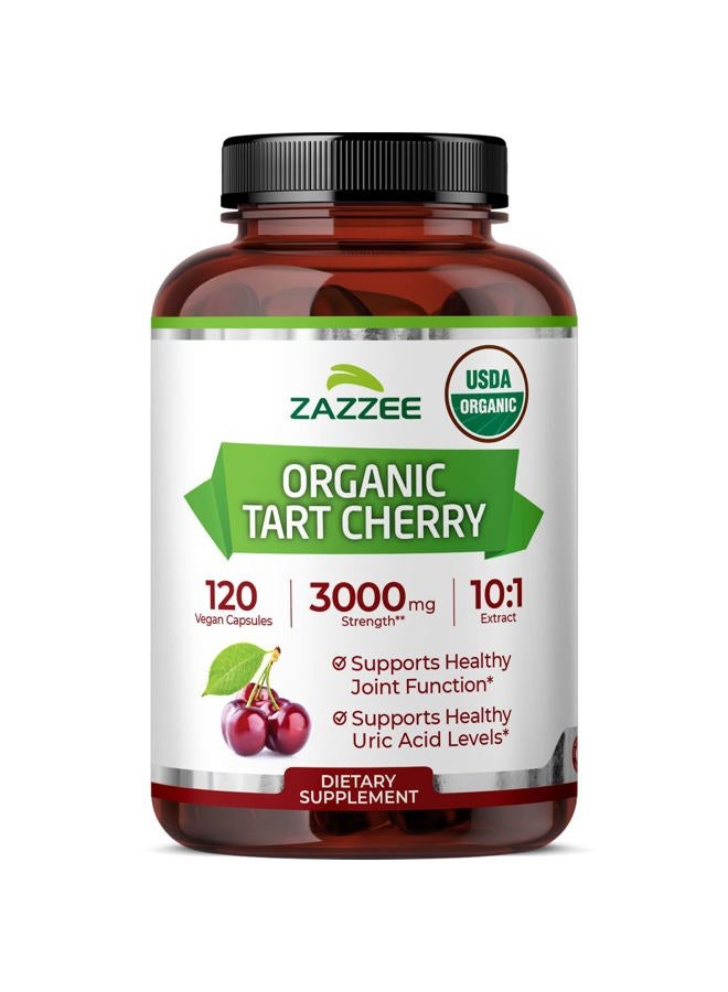 Zazzee مستخلص الكرز الحامض العضوي من وزارة الزراعة الأمريكية 10:1، قوة 3000 ملغ، 120 كبسولة نباتية، إمداد لمدة 4 أشهر، موحد، مستخلص مركز 10X، 100% نباتي، معتمد عضوي، طبيعي بالكامل وغير معدّل وراثيًا - Image 1