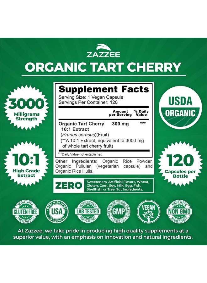 Zazzee مستخلص الكرز الحامض العضوي من وزارة الزراعة الأمريكية 10:1، قوة 3000 ملغ، 120 كبسولة نباتية، إمداد لمدة 4 أشهر، موحد، مستخلص مركز 10X، 100% نباتي، معتمد عضوي، طبيعي بالكامل وغير معدّل وراثيًا - Image 3