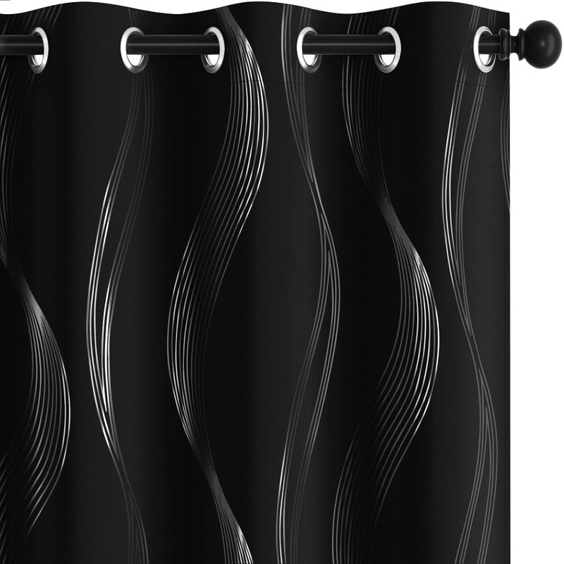 Deconovo Black Blackout Curtains 2 Panel Set for Bedroom, Thermal Insulated Grommet Room Darkening Window Drapes for Living Room, Silver Wave Foil Print, 52W x 84L Inch - Image 1