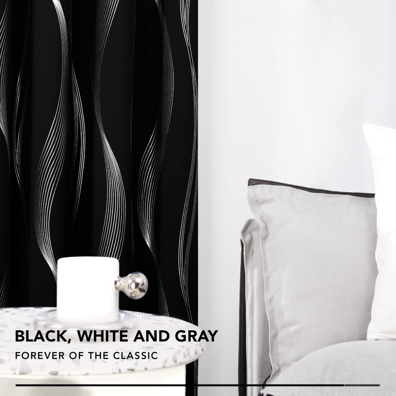 Deconovo Black Blackout Curtains 2 Panel Set for Bedroom, Thermal Insulated Grommet Room Darkening Window Drapes for Living Room, Silver Wave Foil Print, 52W x 84L Inch - Image 3