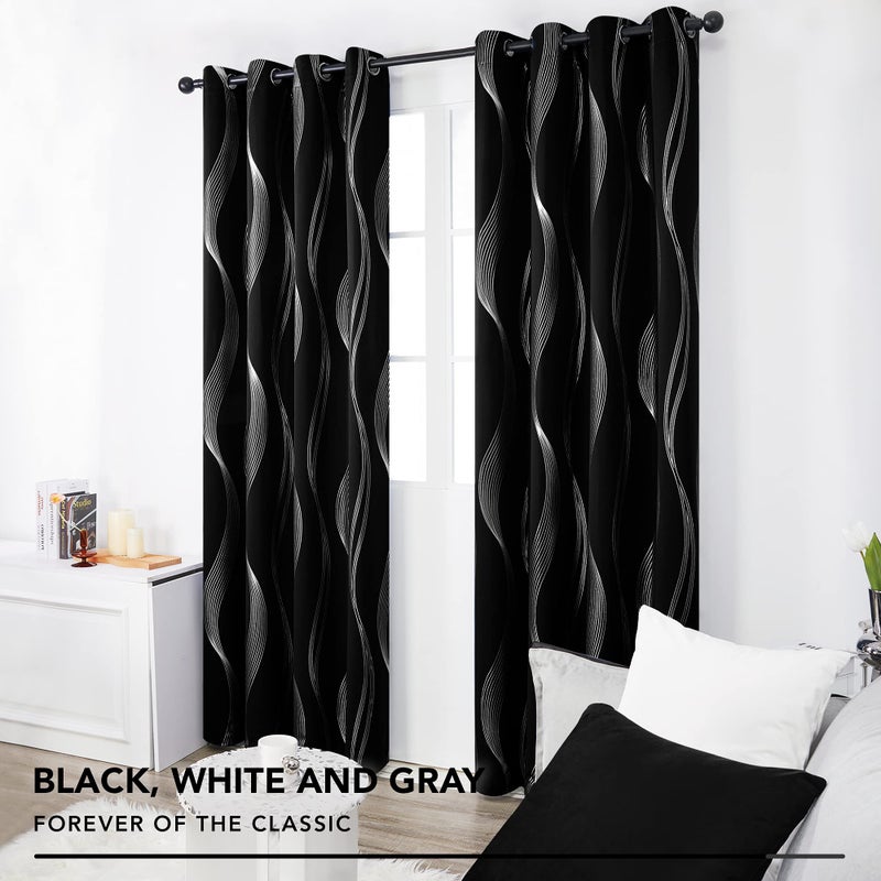 Deconovo Black Blackout Curtains 2 Panel Set for Bedroom, Thermal Insulated Grommet Room Darkening Window Drapes for Living Room, Silver Wave Foil Print, 52W x 84L Inch - Image 5