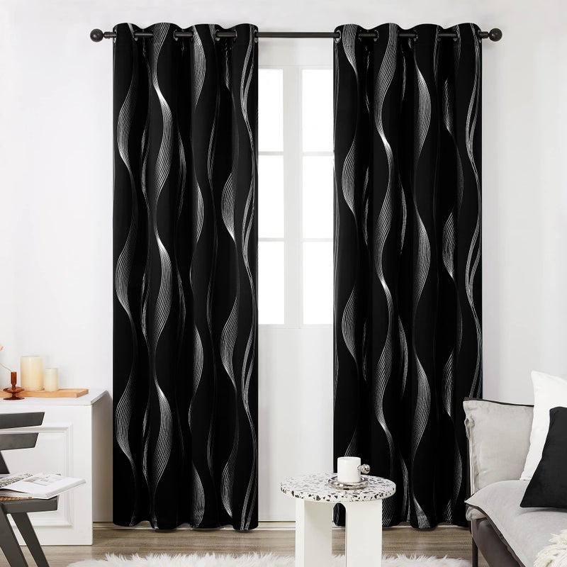 Deconovo Black Blackout Curtains 2 Panel Set for Bedroom, Thermal Insulated Grommet Room Darkening Window Drapes for Living Room, Silver Wave Foil Print, 52W x 84L Inch - Image 2
