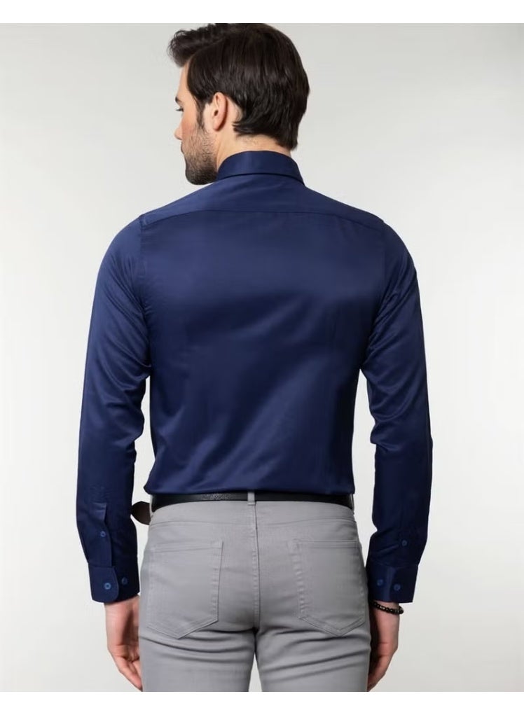 Tudors Slim Fit Plain Navy Blue Men's Shirt - Image 3