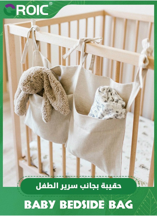GROIC Linen Baby Bedside Hanging Storage Bag,2 Pockets Organizer for Baby Cribs and Toys,Side Hanging Storage Bag for Crib,Multifunctional Diaper Bag,Toy Storage Bag  - Image 2