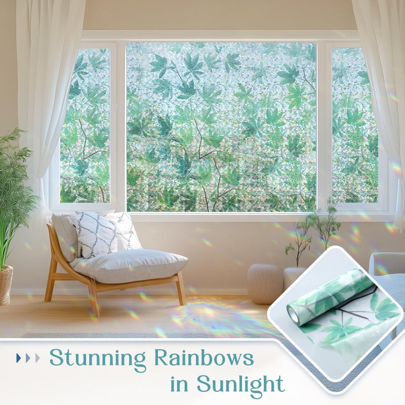 Haton Window Privacy Film, Rainbow Decorative Film, Stained Glass Window Clings, Static Cling UV Blocking Heat Control Tint Sticker for Home Door, Leaf Rainbow, 17.5" x 78.7" Non-Adhesive - Image 2