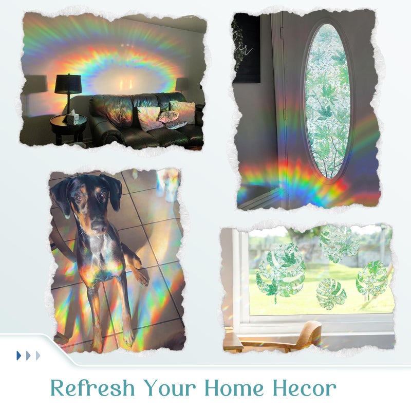 Haton Window Privacy Film, Rainbow Decorative Film, Stained Glass Window Clings, Static Cling UV Blocking Heat Control Tint Sticker for Home Door, Leaf Rainbow, 17.5" x 78.7" Non-Adhesive - Image 3