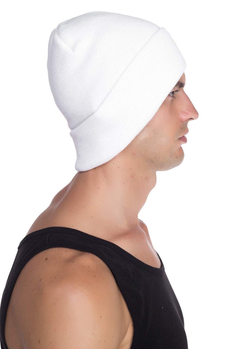 Top Level Beanie Men Women - Unisex Cuffed Plain Skull Knit Hat Cap, White - Image 5