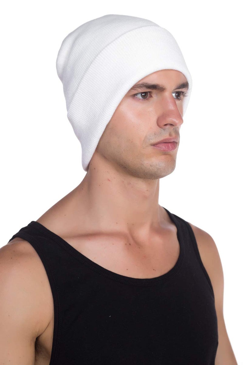 Top Level Beanie Men Women - Unisex Cuffed Plain Skull Knit Hat Cap, White - Image 2