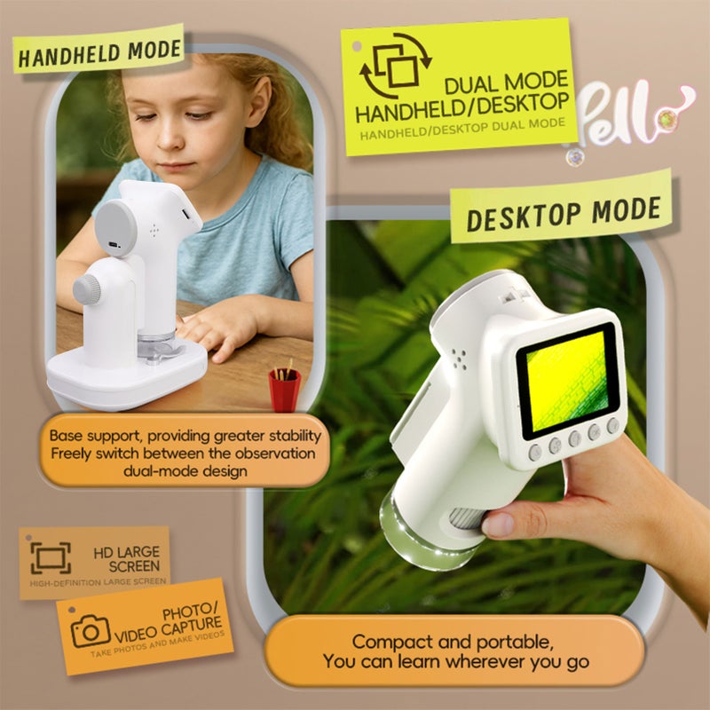 Kids Microscope Kit: 2.0 Inch HD Color Screen, 100X-1600X Adjustable Magnification, Dual Focus, 3-Stage Lighting, Handheld & Stand Modes - One-Button Photo & Video for Home, Outdoor Classroom Scientif - Image 3