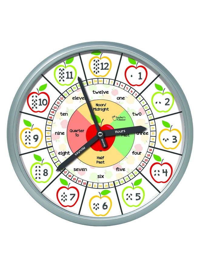 Teacher's Choice Educational Wall Clock - Silent Movement Time Teaching Clock for Teacher's Classrooms and Kid's Bedrooms (Silver/Multicolor Apple) - Image 1