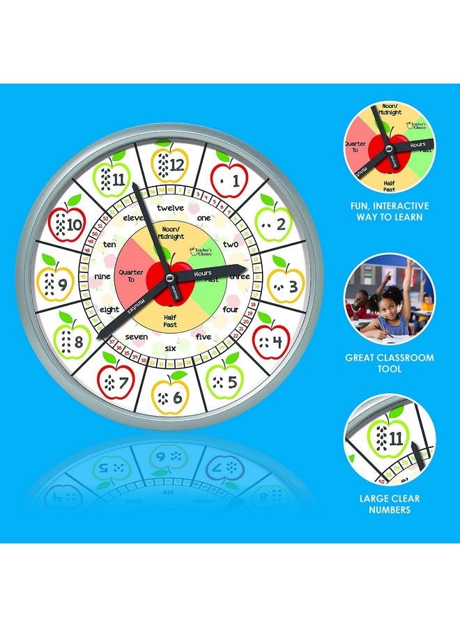 Teacher's Choice Educational Wall Clock - Silent Movement Time Teaching Clock for Teacher's Classrooms and Kid's Bedrooms (Silver/Multicolor Apple) - Image 2