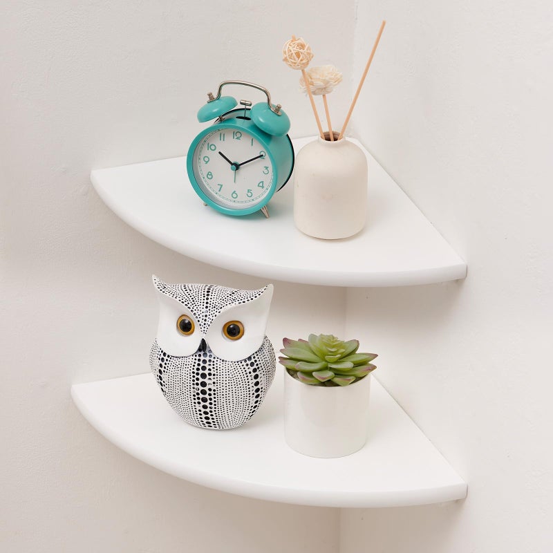 Conamily Corner Shelf White Floating Corner Shelf Set of 2 7inch Solid Oak Wood Corner Wall Shelves Round End Wall Mount Display Shelf with Wire Hole for Small Plant for Bedroom Kitchen Living Room - Image 2