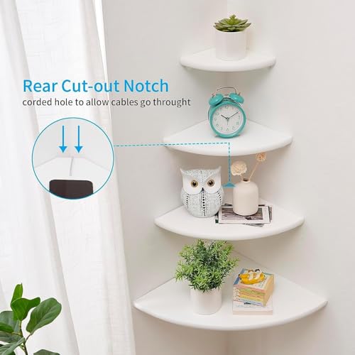 Conamily Corner Shelf White Floating Corner Shelf Set of 2 7inch Solid Oak Wood Corner Wall Shelves Round End Wall Mount Display Shelf with Wire Hole for Small Plant for Bedroom Kitchen Living Room - Image 3