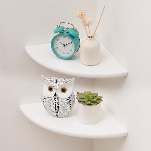 Conamily Corner Shelf White Floating Corner Shelf Set of 2 7inch Solid Oak Wood Corner Wall Shelves Round End Wall Mount Display Shelf with Wire Hole for Small Plant for Bedroom Kitchen Living Room - Image 1
