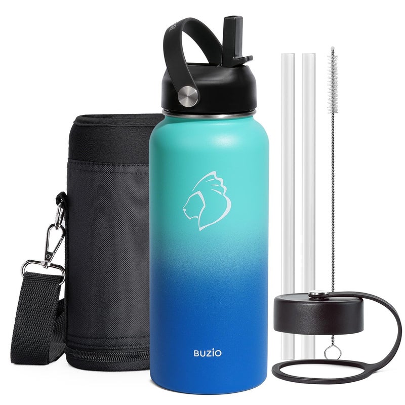 BUZIO Stainless Steel Water Bottle (Cold for 48 Hrs, Hot for 24 Hrs), 32 oz Vacuum Insulated Water Bottle with Straw Lid and Flex Cap (Double Wall, Wide Mouth, BPA Free, Leak Proof), Caribbean Blue - Image 1