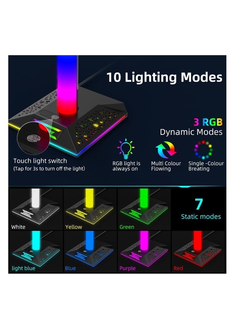 DMG TECH - RGB Gaming Controller Holder, Headphone Stand With 2 USB Charging and 1 Type-C, Controller Stand with 10 Light Mode and Memory Feature, Universal Headset Stand Accessories for Desk Gamers - Image 1
